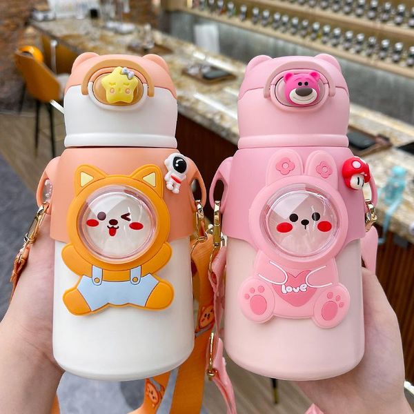 Calligraphie 550 ml mignon Thermos tasse enfants Kawaii bouteille d'eau bouilloire Portable extérieur en acier inoxydable paille tasse école enfants dessin animé fille