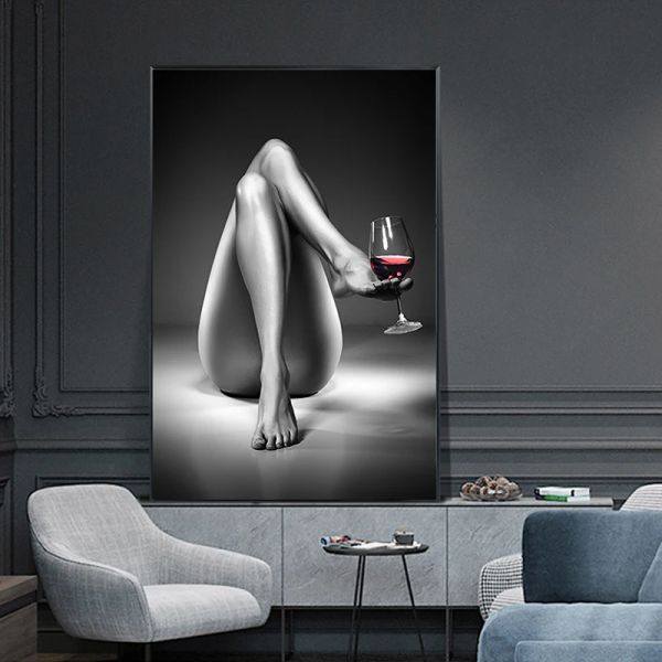 Impresiones en lienzo de caligrafía, pintura de copa de vino de mujer desnuda, carteles de chica Sexy en blanco y negro, arte de pared, imágenes modernas para la decoración del hogar de la sala de estar