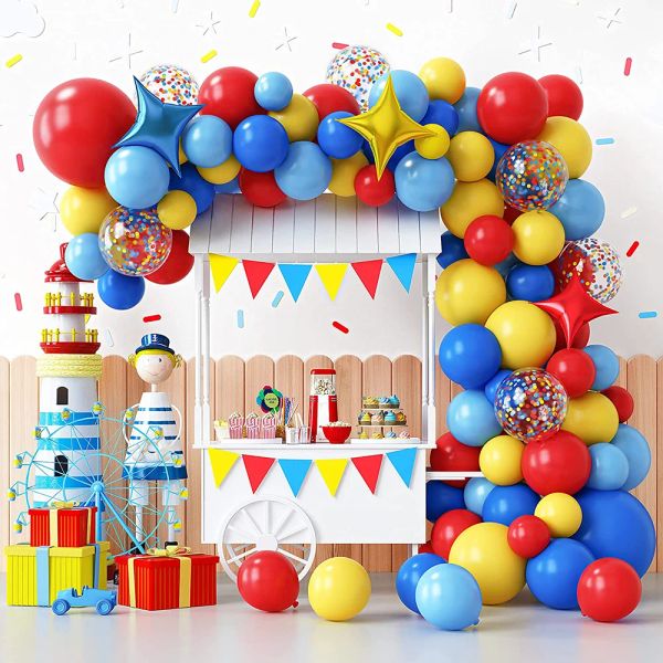 Calligraphie Carnaval Cirque Ballon Guirlande Arc Kit Rouge Bleu Jaune Confetti Ballon Étoile Feuille Jouet Ballon Fête Anniversaire Décoration Arc-en-Ciel