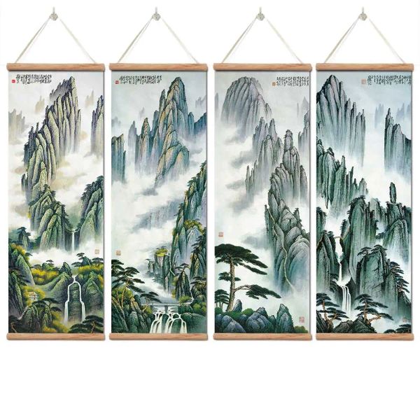 Calligraphie de style traditionnel chinois - Paysage de montagne - Toile pour salon, chambre à coucher - Affiche d'art mural - Peintures en bois massif - Décoration d'intérieur