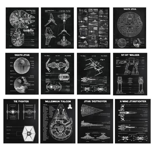 Póster de patente de estrella de la muerte de caligrafía, pintura en lienzo con diseño de ala X, regalo para amantes de la ciencia ficción, imágenes impresas en la pared, decoración del hogar