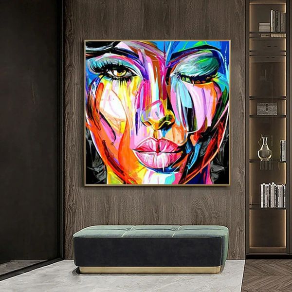 Peinture à l'huile sur toile avec visage fait à la main, calligraphie, décoration artistique murale, image abstraite moderne pour décoration de maison