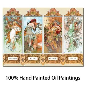 Kalligrafie handgemaakte olieverfschilderij op canvas De vier seizoenen Alphonse Mucha Kunstwerk Klassieke portretfoto voor wanddecoratie Hoge kwaliteit