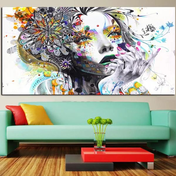 Caligrafía HD Imprimir Acuarela Chica con pintura al óleo psicodélica abstracta floral sobre lienzo Arte de la pared Moderno sin marco para la decoración de la sala de estar