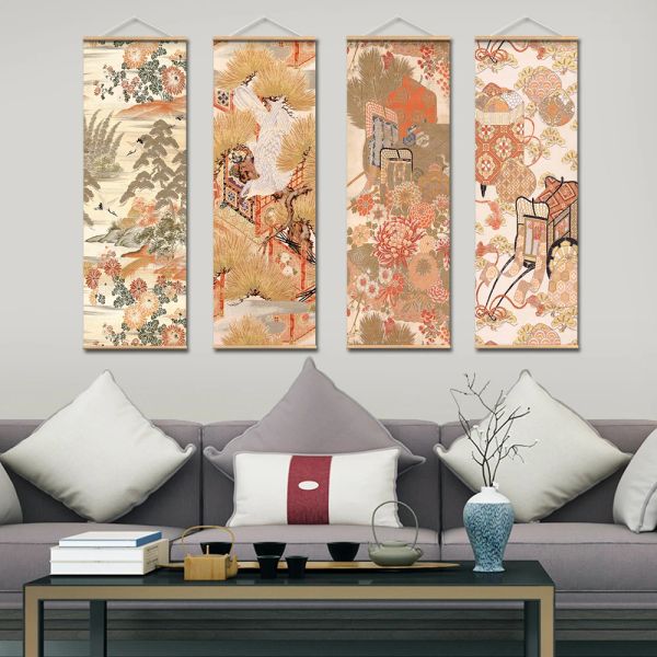 Caligrafía japonesa ukiyoe teñido pintura de desplazamiento abstracto arte vintage patrón multicolor de pared póster de pergamino marco de madera