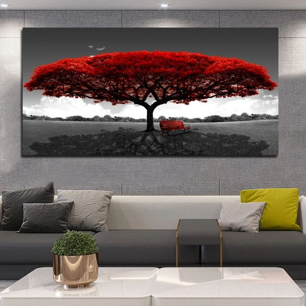 Caligrafía de gran tamaño, arte moderno, banco de árbol rojo, paisaje, pinturas en lienzo para sala de estar, carteles de pared, imágenes de dormitorio, decoración del hogar