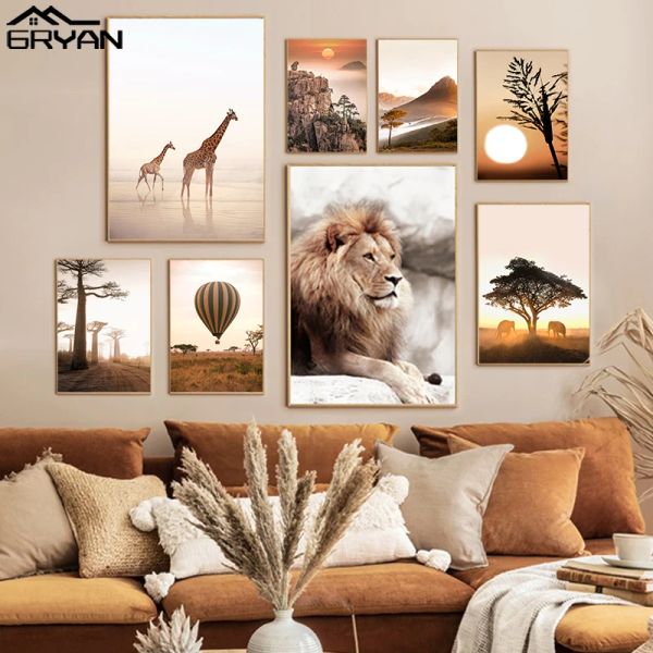 Calligraphie Lion girafe éléphant Animal affiche lever du soleil arbre de blé falaise montgolfière toile impression peinture Nature paysage mur photo