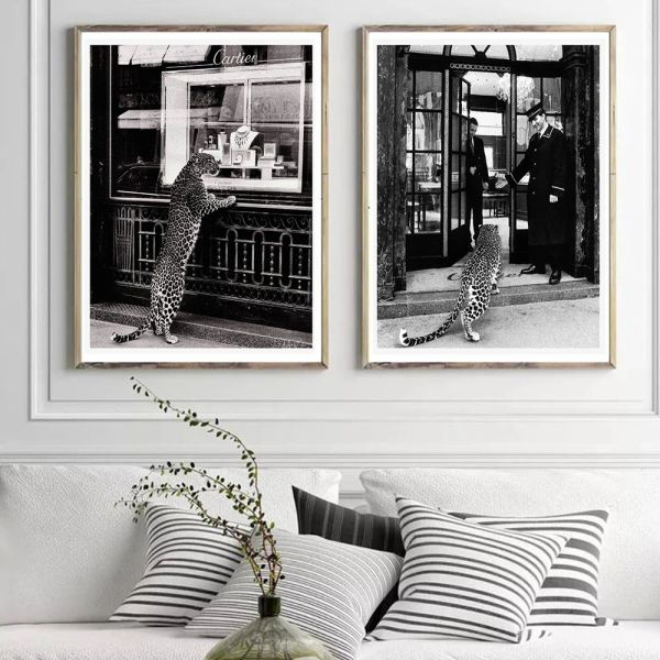 Calligraphie marque de luxe léopard boutique de bijoux affiche toile peinture mur Art Vintage noir et blanc photographie photo salon moderne