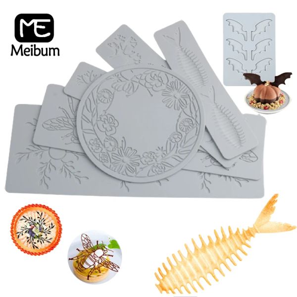 Calligraphie Meibum Bee Fish Bone Branches Feuilles Motif Sucre Artisanat Silicone Pad Fondant Gâteau Moule Dessert Décoration Chocolat Dentelle Tapis