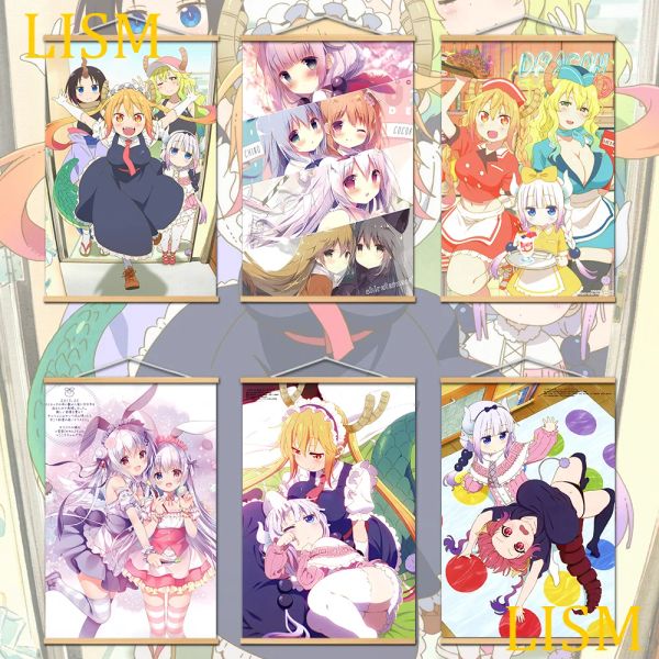 Caligrafía Miss Kobayashi's Dragon Maid Tooru Kanna Fafnir Lucoa Póster de anime Manga Decoración del hogar Póster en lienzo Pergamino colgante de madera maciza