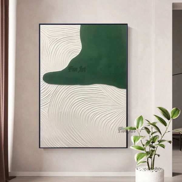 Caligrafía moderna y elegante, pintura al óleo abstracta con textura verde y blanca, cuadro de pared para sala de estar grande, lienzo sin marco, decoración del hogar