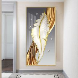 Kalligrafie Nordic Luxe Abstract Wall Art Gouden Witte Veren Canvas Schilderij Gouden Lint Posters voor Veranda Gang Woondecoratie