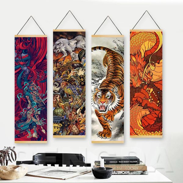 Caligrafía estilo nórdico madera maciza colgante pintura rollos acuarela tigre abstracto estilo chino arte de la pared lienzo impreso cartel decoración del hogar