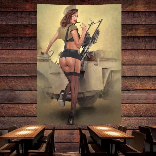 Caligrafía Sexy Machine Gunner Poster Banner Seductor Pin Up Art Bandera Pintura de pared Tapiz Bar Café Pub Hombre Cueva Decoración de pared Etiqueta