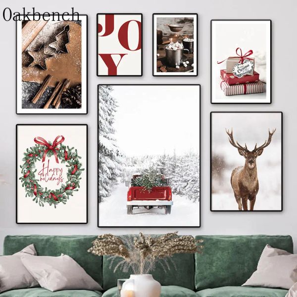 Póster de lienzo de coche de nieve con caligrafía, impresiones artísticas de regalo, pinturas de pared de madera de avellana, arte de pared de árbol de Navidad, carteles nórdicos, decoración para sala de estar