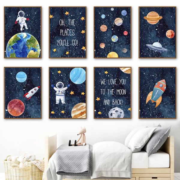 Caligrafía espacio planeta cohete astronauta estrella guardería cuadro sobre lienzo para pared póster nórdico e impresiones cuadros de pared decoración de habitación de bebés y niños