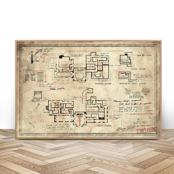 Calligraphie The Spencer Mansion Plan Print, Raccoon City Police Department Mansion Plan Map Canvas Poster Wall Art, Home Decor (No Frame)