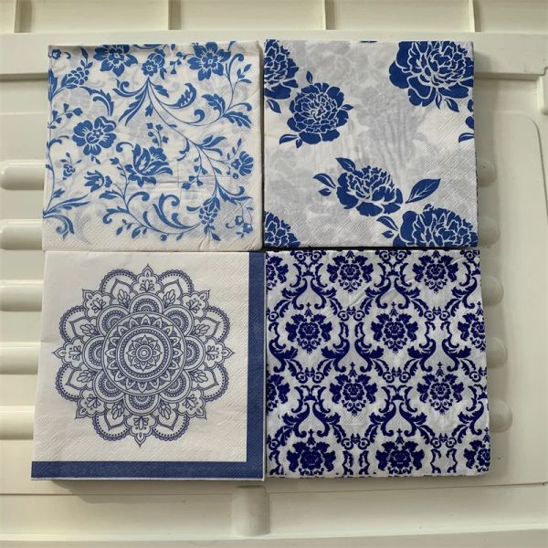 Calligraphie Vintage serviettes en papier élégant tissu bleu motif découpage mariage Servilletas fête d'anniversaire noël décor mouchoir 20