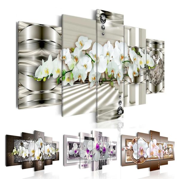 Calligraphie Mur Art Canvas Peinture 5 pièces Orchid Flower Flower Modern Home Decor pour un cadeau de salon, Choisissez la couleur et la taille (pas de cadre)