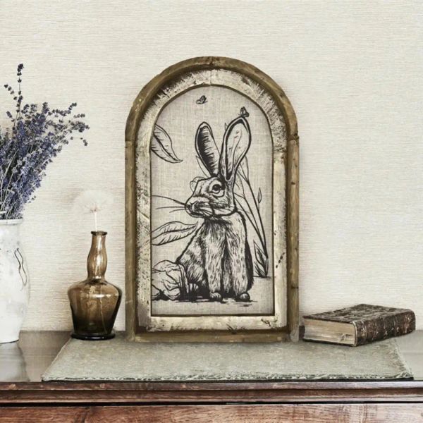 Placa de madera de caligrafía con estampado de conejo retro, diseño de arco, letrero de madera, adornos para el hogar, placas, letreros, decoración interesante de granja de campo
