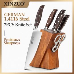 Caligrafía Xinzuo Juego de cuchillos de cocina de 7 piezas Forjado Alemán 1.4116 Acero inoxidable Sharp Chef Santoku Paring Cleaver Juego de herramientas de tijeras de cocina