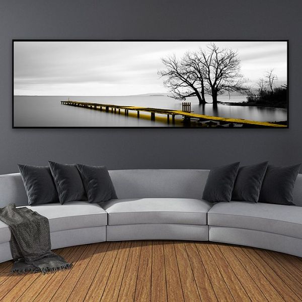 Escena de puente amarillo largo con superficie de lago tranquilo, pinturas en lienzo en blanco y negro, impresiones de carteles, imágenes artísticas de pared, decoración del hogar para sala de estar 314H