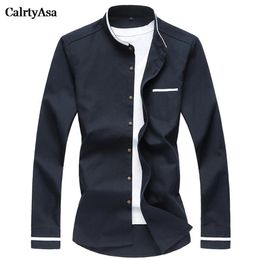 CalrtyAsa Chinese Stijl Pure Kleur Oxford Shirt Mannen Mode Casual Mandarijn Kraag Lange Mouw Sociale Man Denim Blue186q