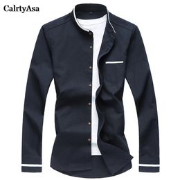 CalrtyAsa Chinese Stijl Pure Kleur Oxford Shirt Mannen Mode Casual Mandarijn Kraag Lange Mouw Sociale Man Denim Blue2478
