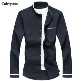 CalrtyAsa Chinese Stijl Pure Kleur Oxford Shirt Mannen Mode Casual Mandarijn Kraag Lange Mouw Sociale Man Denim Blue306m