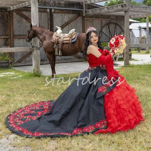 Calssy Mexican Black Red Quinceanera Dresses Charro 2024 Luxury Flower Vestidos De Xv 15 Anos Photoshoot Horse Birthday Prom Party Vestidos Vestidos De Para