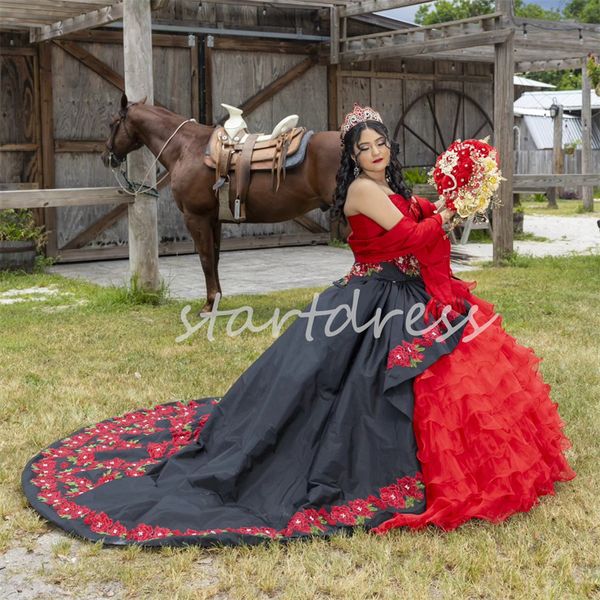 Calssy Mexicain Noir Rouge Quinceanera Robes Charro 2024 Luxe Fleur Robes De Xv 15 Anos Photoshoot Cheval Anniversaire Bal Robes De Soirée Robes De Para