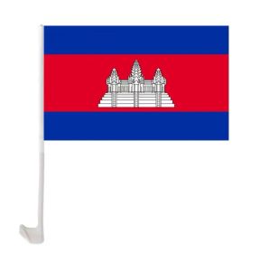 Cambodja auto vlag 30x45cm raamclip Cambodiaanse vlaggen polyester UV Protection Car Decoration Banner met vlaggenmast Groothandel