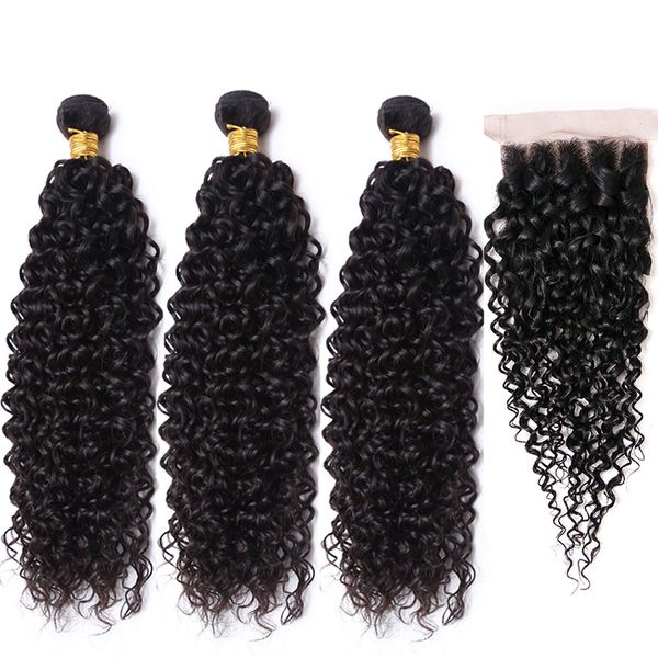 Cheveux cambodgiens bouclés vierges tisse 3 faisceaux avec 1 pcs fermetures de dentelle 8A cambodgien Deep Jerry Curly Remy Extensions de cheveux couleur naturelle