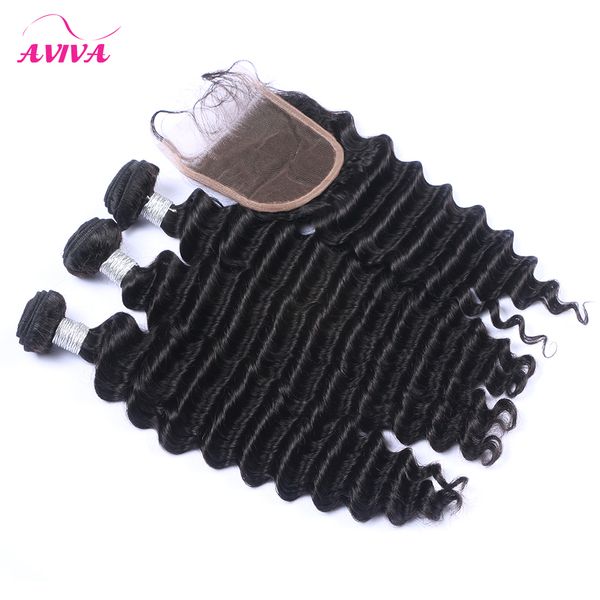 Tissages de cheveux humains vierges cambodgiens avec fermeture Deep Wave 4Pcs / Lot Size4 * 4 Fermeture en dentelle avec 3 faisceaux de cheveux bouclés profonds cambodgiens non transformés