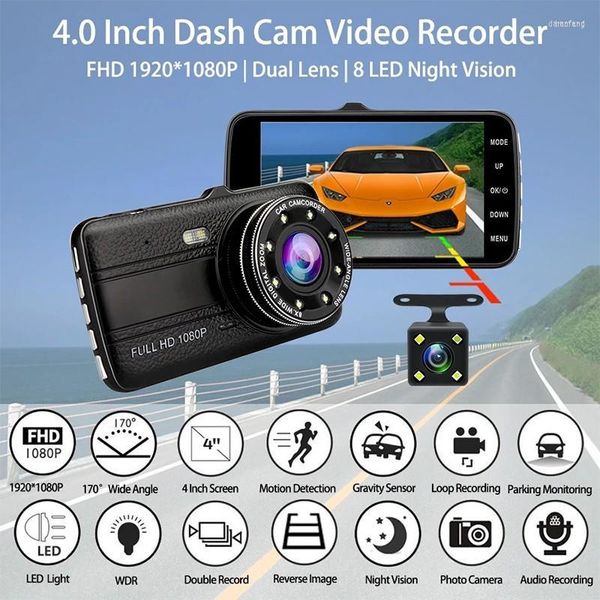 Videocámaras de 4 pulgadas para coche DVR Video Recorder Dashcamera 1080P Vista trasera Lente dual Full HD G Sensor Ciclo portátil Grabación Dash Cam Dashcam