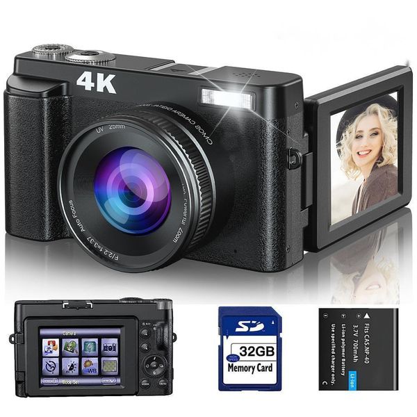 Caméscopes Appareil photo numérique 4K pour la photographie et la vidéo Autofocus Anti-Shake 48MP Caméra Vlogging avec carte SD 3 '' 180 ° Flip Screen 230824