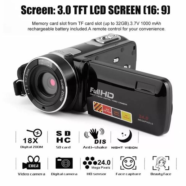 Caméscopes Portable Vision Nocturne FHD 1920 x 1080 3.0 Pouces LCD Écran Tactile 18X 24MP Caméra Vidéo Numérique Caméscope
