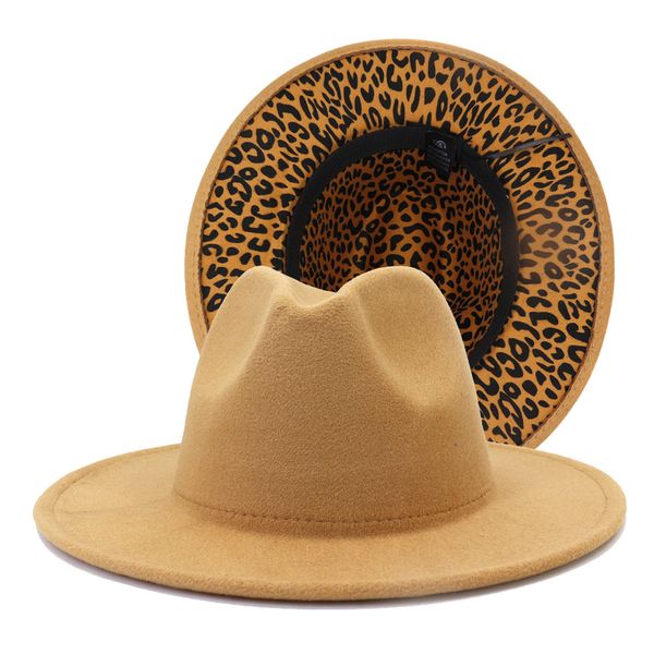 Camello con parte inferior de leopardo Fedora sombreros mujeres al por mayor fieltro Jazz dos tonos sombrero hombres ala plana Panamá fiesta boda sombrero Formal