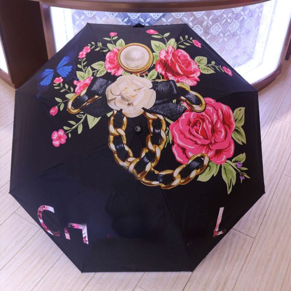 Camellia Women's entièrement automatique en caoutchouc noir Soleil UV Sun pliant à double utile Femelle Umbrella