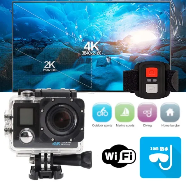 Caméra 4K HD Sports Camera DV 30m Plongée Caméra à double écran aérien avec télécommande WiFi Action imperméable Caméra pour vélo de casque