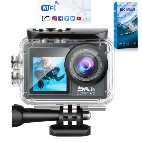 Caméra 5k 30fps Action Caméra 4k 60fps Double écran 170 ° grand angle de sport imperméable 30m avec télécommande CAM DE PLIVE BICYLEMENT