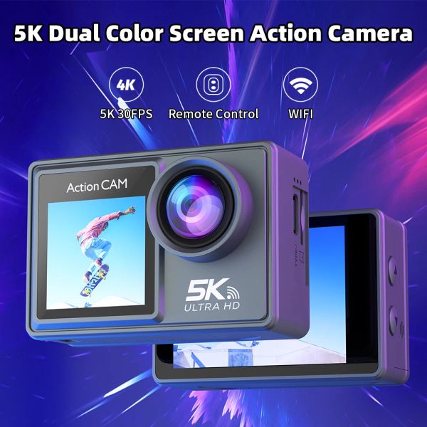 Caméra 5k 30fps Action Caméra 4k 60fps Double écran 170 ° grand angle de sport imperméable 30m avec télécommande CAM DE PLIVE BICYLEMENT