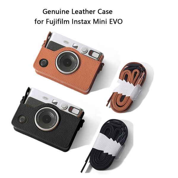 Accesorios para bolso de cámara Funda de cuero Retro genuina para Fujifilm Instax Mini EVO bolsa de almacenamiento para cámara instantánea carcasa protectora suave con correa para el hombro 231114