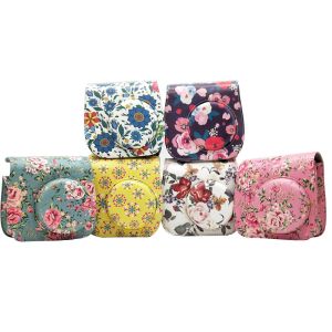 Camera Flower PU Case Bolsa de cámara para Fujifilm Instax Mini 9 8 8 Plus Cámara de película instantánea con accesorios bolsillo y correa