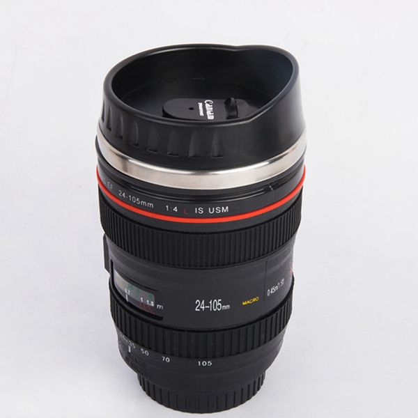 Camera Lens Coffee Mug 400ml en acier inoxydable gobelets tasses à café avec couvercle