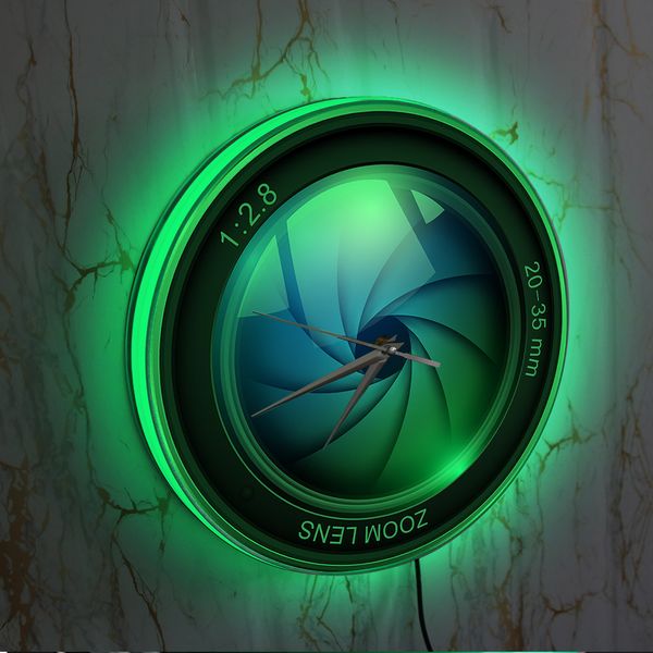 Camera Lente Fotógrafo Iluminación LED Reloj de pared personalizada su nombre Fotografía ISO Exposición Foto Estudio Decoración Camador de camarógrafo