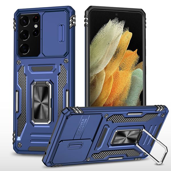 Étuis de téléphone avec anneau de béquille de protection d'objectif d'appareil photo pour Samsung S22 ULTRA S21 PLUS S21FE A02 A22 A72 A52 A11, couvercle de support en métal antichoc D1