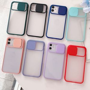 Coque de Protection d'appareil photo pour iPhone, compatible modèles 12Pro, 12 mini, 11 Pro Max, XR, XS, objectif coulissant, antichoc, givrée, translucide