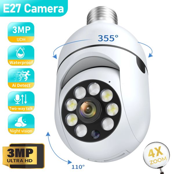 Cameras 1 / 4pcs 3MP E27 Bulbe IP WiFi Camera de surveillance en salle Caméra de la caméra Protection de sécurité Baby Monitor Full Color Vision Night Vision CAM