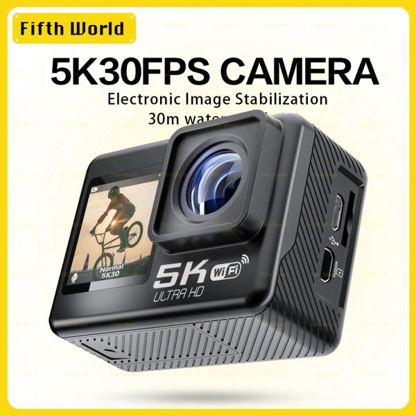 Cameras 2023New Action Camera 5K 4K60FPS WiFi AntiShip Dual Screen 170 ° grand angle 30m Caméra sportive imperméable avec caméra télécommandée